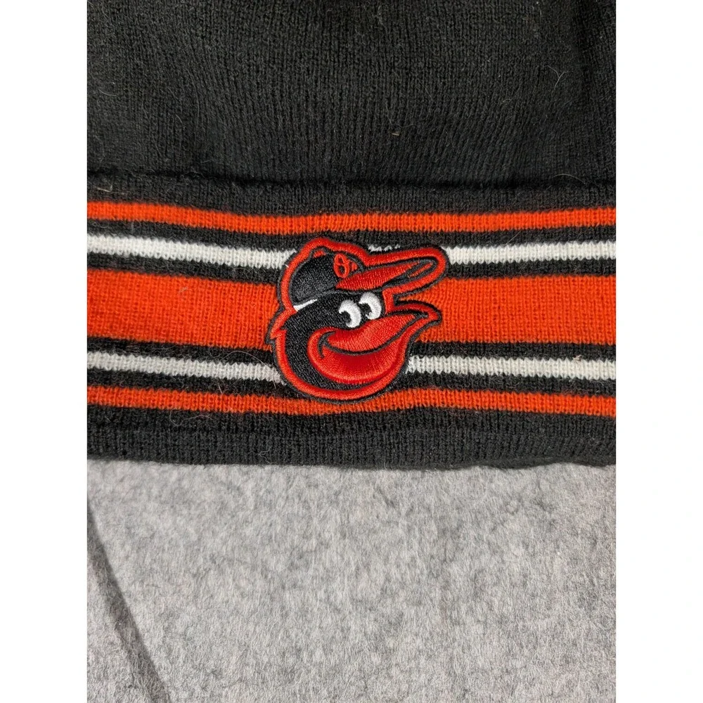Baltimore Orioles MLB Knit Pom Beanie Hat Black Orange Striped Cartoon Bird Logo